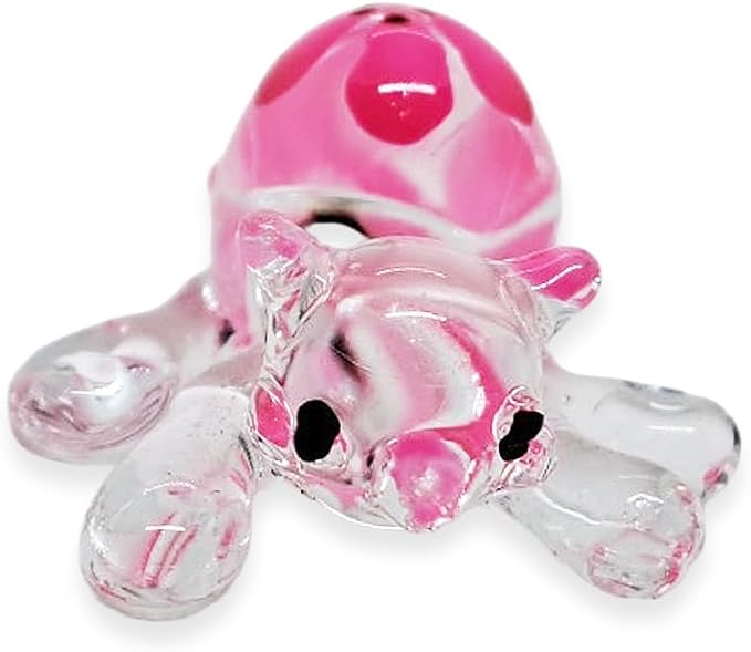 Tiny 1¾" Clear Pink Flowered Lying Prone Cat Figurine Miniature Hand Blown Glass Cats Kitten Feline Animals Cute Colorful Crystal Decorative Collectible Figurines Décor Gifts