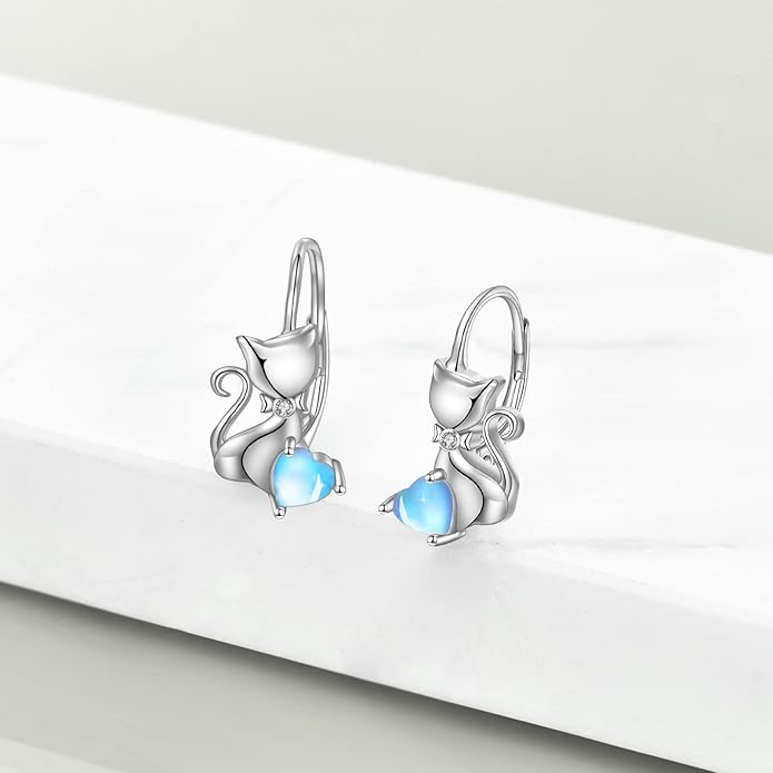 Cat Gifts Earrings Sterling Silver Cute Small Animal Cats Dangle Leverback Jewelry Gifts for women cat Lovers