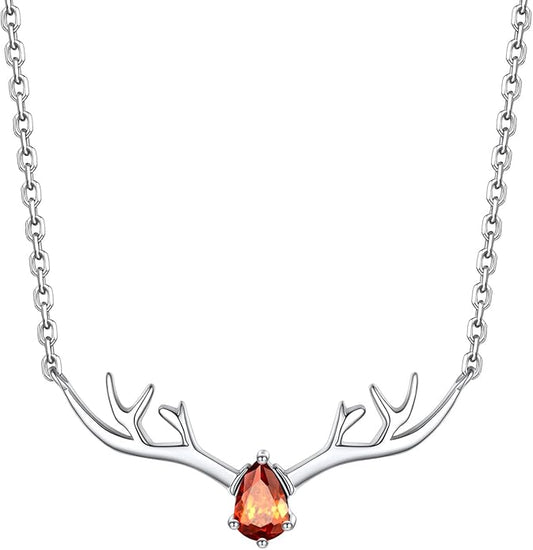 Silvora 925 Sterling Silver Deer Antler Necklace, Antler Deer Jewelry Antler Pendant Choker Birthstone Necklace Christmas Jewelry for Women