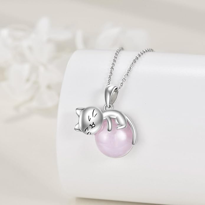 Cat Necklace Sterling Silver Cat Pendnat with Rose Quartz Pearl Jewelry Gifts for Women Cat Lovers