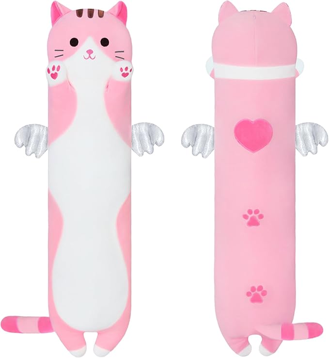 Cute Cat Plush Pillow, Pink Long Cat Stuffed Animals Soft Long Kitten Plushies Kawaii Cat Stuffed Plush Toy for Kids Girlfriend(90cm/35.4inch)