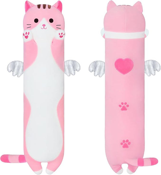 Cute Cat Plush Pillow, Pink Long Kitten Plushie - Soft Kawaii Cat Stuffed Toy for Kids (70cm/27.5inch)