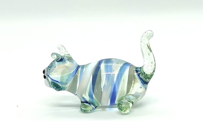 Cat Tiny Figurines Blown Glass Art Animals Hand Painted Collectible Gift Decorate (Green Stand)