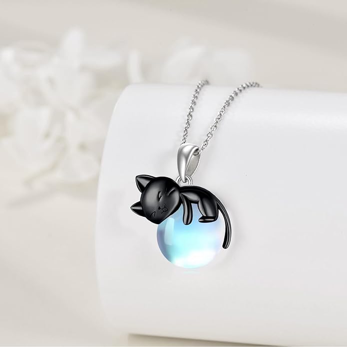 Cat Necklace Sterling Silver Cat Pendnat with Rose Quartz Pearl Jewelry Gifts for Women Cat Lovers