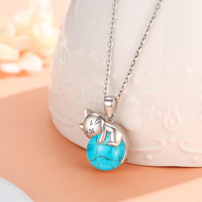 Natural Gemstone Cat Necklace for Women 925 Sterling Silver Cute Kitten Pendant with Genuine Turquoise/Rose Quartz/Amethyst/Larimar/Labradorite/Moss Agate/Blue Sandstone Jewelry Gifts