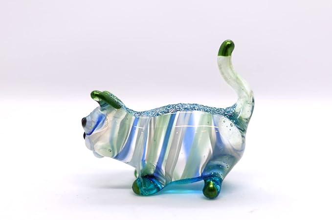 Cat Tiny Figurines Blown Glass Art Animals Hand Painted Collectible Gift Decorate (Blue Green Stand)