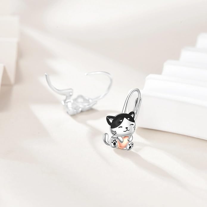 Cat Gifts Earrings Sterling Silver Cute Small Animal Cats Dangle Leverback Jewelry Gifts for women cat Lovers