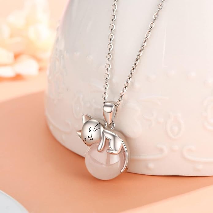 Natural Gemstone Cat Necklace for Women 925 Sterling Silver Cute Kitten Pendant with Genuine Turquoise/Rose Quartz/Amethyst/Larimar/Labradorite/Moss Agate/Blue Sandstone Jewelry Gifts
