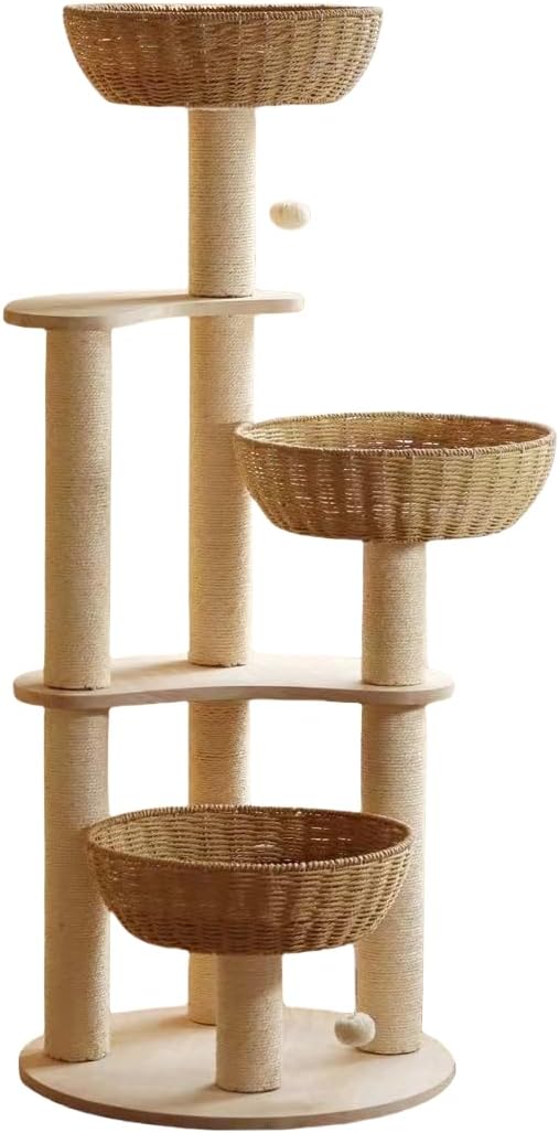 Modern Wood Rattan Cat Tree for Large Cats, Luxury Multi-Level Oak Solid Wood Cat Trees Towers，w/3 Weaving Cat Nests & Washable Cushions, Sisal Scratching Posts, for Indoor Large Cats-No paint/wax oil
