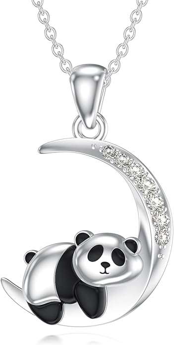 Diamond Black Cat/Red Panda/Sloth/Deer/Unicorn Necklace for Women 925 Sterling Silver Sleeping Animal and Moon Pendant with Lab Grown Diamonds Jewelry Gifts