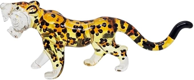 ChangThai Design Tiny 3½" Yellow Black Spotted Roaring Leopard Cheetah Jaguar Figurine - Miniature Hand Blown Glass Wild Cats Wildlife Felidae Animal Crystal Decorative Collectible Figures Décor Gifts
