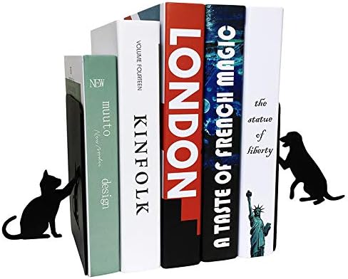 Dog Bookends,Cat Book Ends Metal Books Organizer, Gifts for Dog Puppy Kitten Lovers,Heavy Duty Decorative and Book Holder, 4.9×3.2×6.9 in (Black)