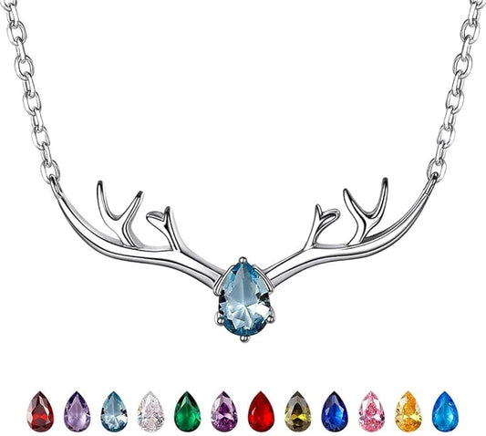 SILVERCUTE Sterling Silver Birthstone Necklaces for Women, Xmas Antler Deer Pendant Necklace with Colorful Cubic Zirconia,16-18 inches