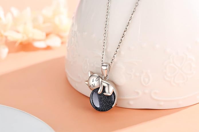 Natural Gemstone Cat Necklace for Women 925 Sterling Silver Cute Kitten Pendant with Genuine Turquoise/Rose Quartz/Amethyst/Larimar/Labradorite/Moss Agate/Blue Sandstone Jewelry Gifts