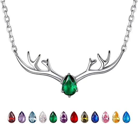 SILVERCUTE Sterling Silver Birthstone Necklaces for Women, Xmas Antler Deer Pendant Necklace with Colorful Cubic Zirconia,16-18 inches
