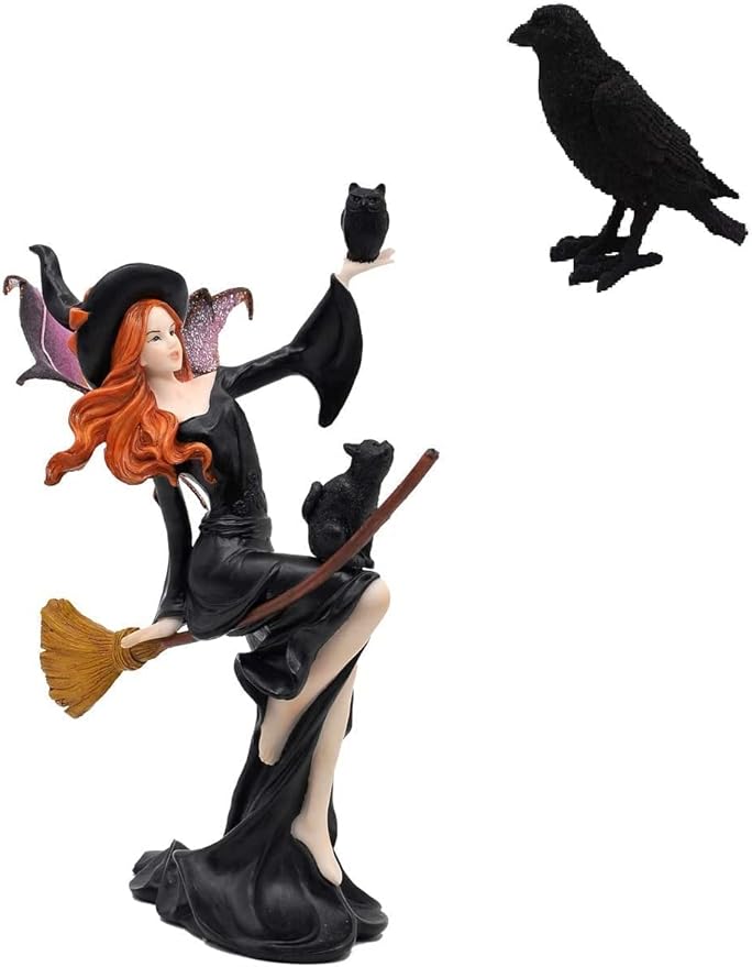 Comfy Hour Fairyland Collection 9-inch Dark Fairy Witch on Magic Broom with Black Cat Figure and 7-inch Black Feather Standing Crow Bird Halloween Decorative Figurine, Polyresin, Bundle of 2