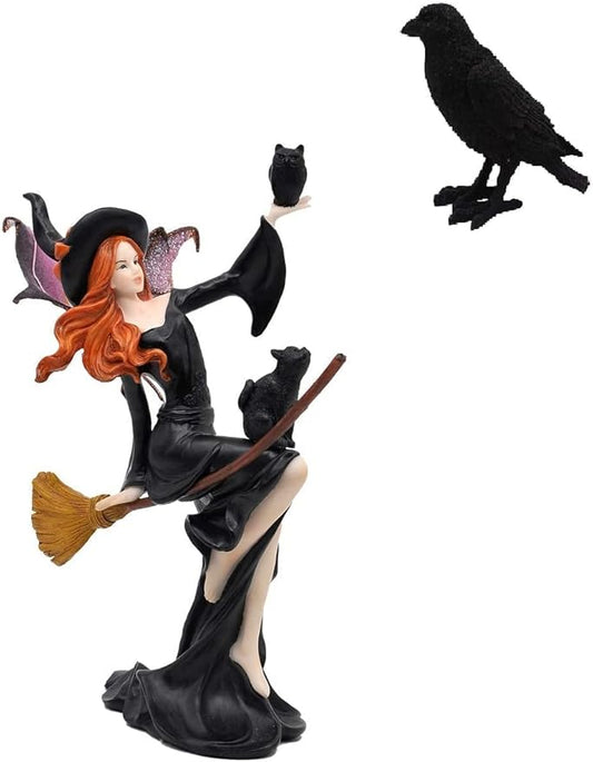Comfy Hour Fairyland Collection 9-inch Dark Fairy Witch on Magic Broom with Black Cat Figure and 7-inch Black Feather Standing Crow Bird Halloween Decorative Figurine, Polyresin, Bundle of 2