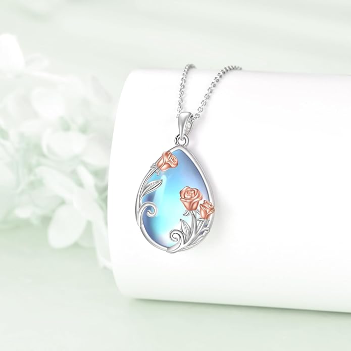 CRMAD Daisy/Black Cat/Dragonfly/Daffodil/Hummingbird/Stingray/Phoenix Feather/Rose Necklace Sterling Silver Moonstone Teardrop Pendant Necklace Flower Animal Jewelry Gifts for Women