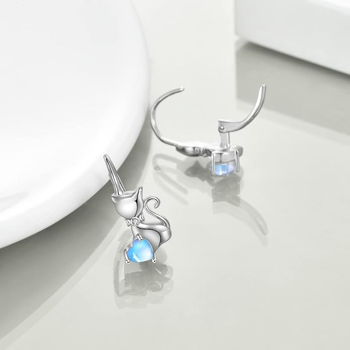 Cat Gifts Earrings Sterling Silver Cute Small Animal Cats Dangle Leverback Jewelry Gifts for women cat Lovers