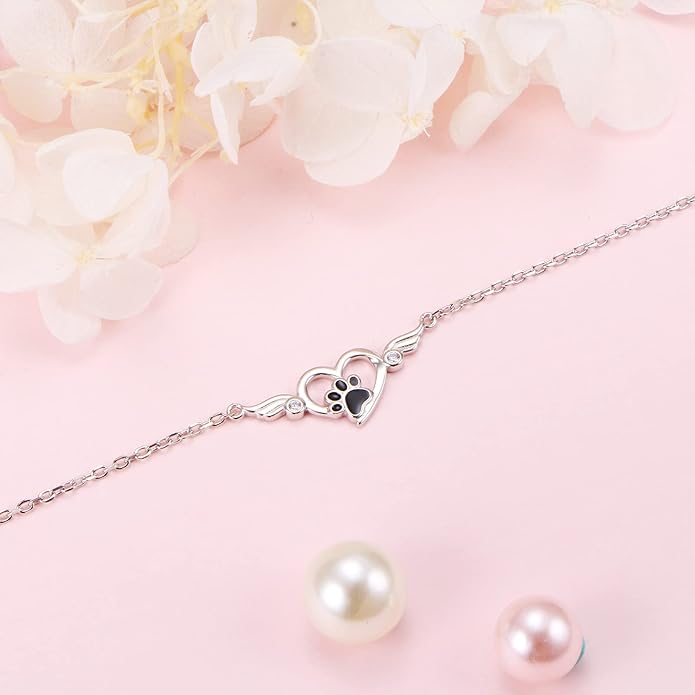 FLYOW 925 Sterling Silver Cute Paw Print Forever Love Heart Pendant Necklace/Bracelet/Stud Earrings Gift for Women, Box Chain 18"