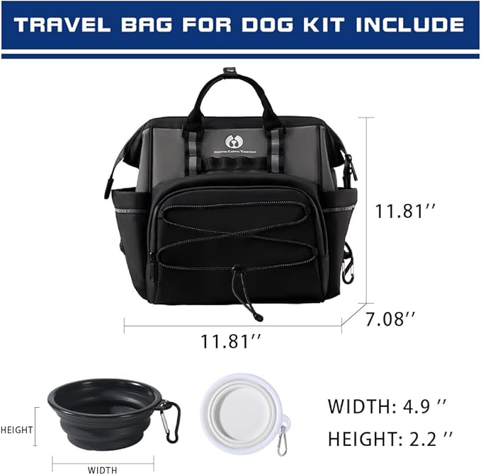 Dog Travel Bag, Airline Approved Pet Supplies Backpack, Dog Travel Backpack Accessories Set with 2 Silicone Collapsible Bowls and 1 Leash Clip for Camping, Road Trips & Weekends Away（Black）