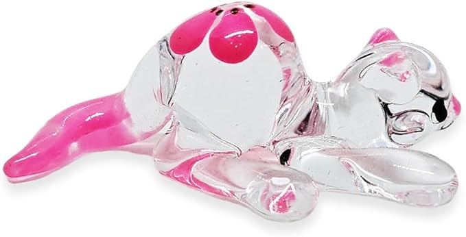 Tiny 1¾" Clear Pink Flowered Lying Prone Cat Figurine Miniature Hand Blown Glass Cats Kitten Feline Animals Cute Colorful Crystal Decorative Collectible Figurines Décor Gifts