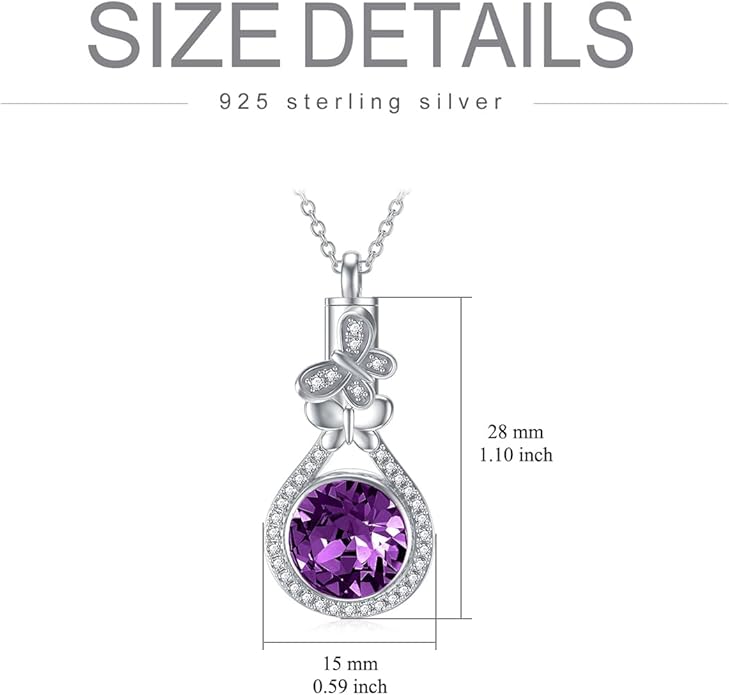 AOBOCO Butterfly Urn Necklace for Ashes 925 Sterling Silver Butterfly Cremation Jewelry Memorial Keepsake Pendant with 12 Months Birthstone Crystal from Austria