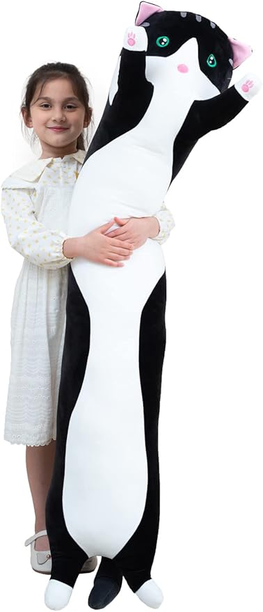 Giant Cat Pillow Plush Cartoon Kitty Sleeping Hugging Pillow, Cuddly Soft Long Kitten Body Pillow Doll Cat Cushion Toy for Kids Girlfriend (Black, 130cm/51.18inch)
