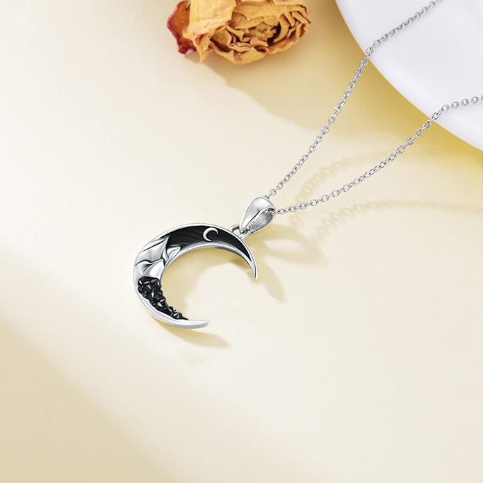 Gothic Jewelry Bat/Cat/Wolf/Dragon/Owl/Fox/Spider/Sun Pendant Sterling Silver Crescent Moon Necklace for Women Girls Black Jewelry Gifts