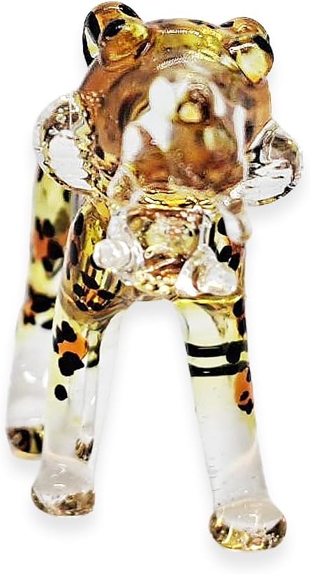ChangThai Design Tiny 2½" Yellow Black Spotted Roaring Leopard Cheetah Jaguar Figurine - Miniature Hand Blown Glass Wild Cats Wildlife Felidae Animal Crystal Decorative Collectible Figures Décor Gifts