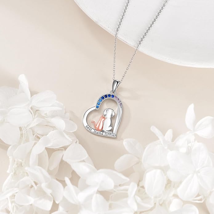 CRMAD Cat Dog Necklace for Women Sterling Silver Cute Animal Heart Pendant