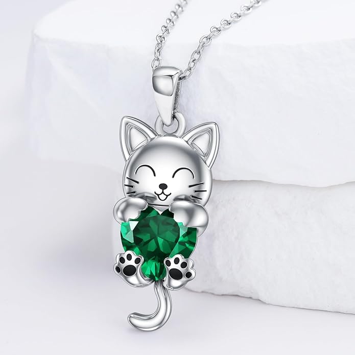 LONAGO Cat Necklace with Heart Birthstone Cat Pendant Necklace Sterling Silver Gifts for Women