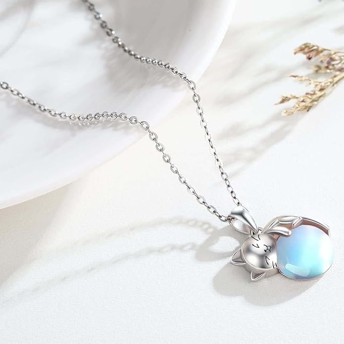 Cat Necklace Sterling Silver Cat Pendnat with Rose Quartz Pearl Jewelry Gifts for Women Cat Lovers