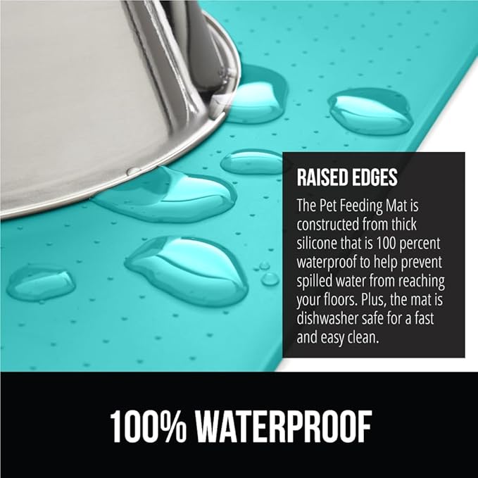 GORILLA GRIP 100% Waterproof Raised Edge BPA Free Silicone Pet Feeding Mat, Dog Cat Food Mats Contain Spills Protects Floors, Placemats for Cats and Dogs Water Bowl, Pets Accessories 16x10, Turquoise
