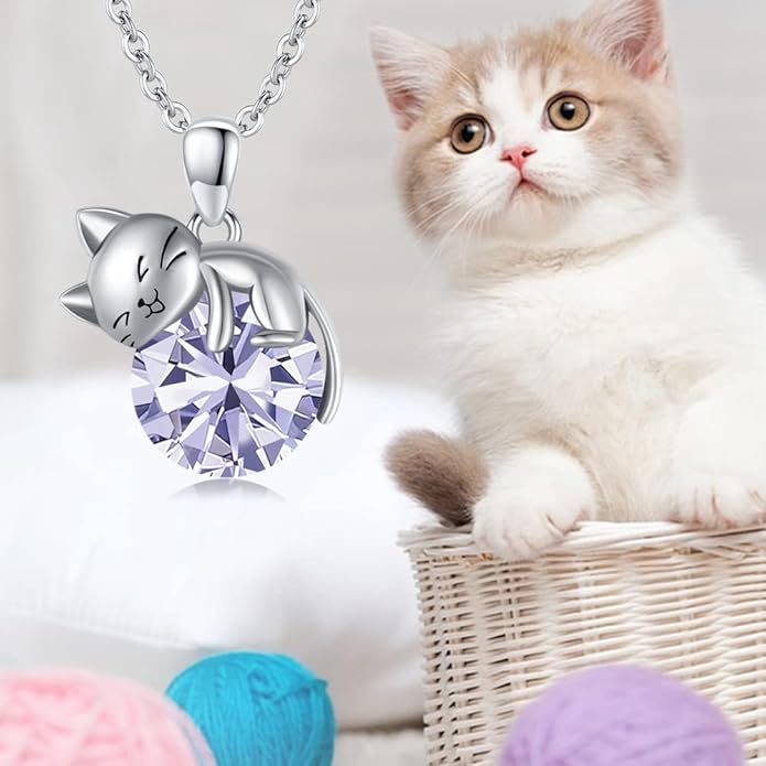 LONAGO Cat Necklace with Birthstone 925 Sterling Silver Cat Pendant Necklace Gift for Women