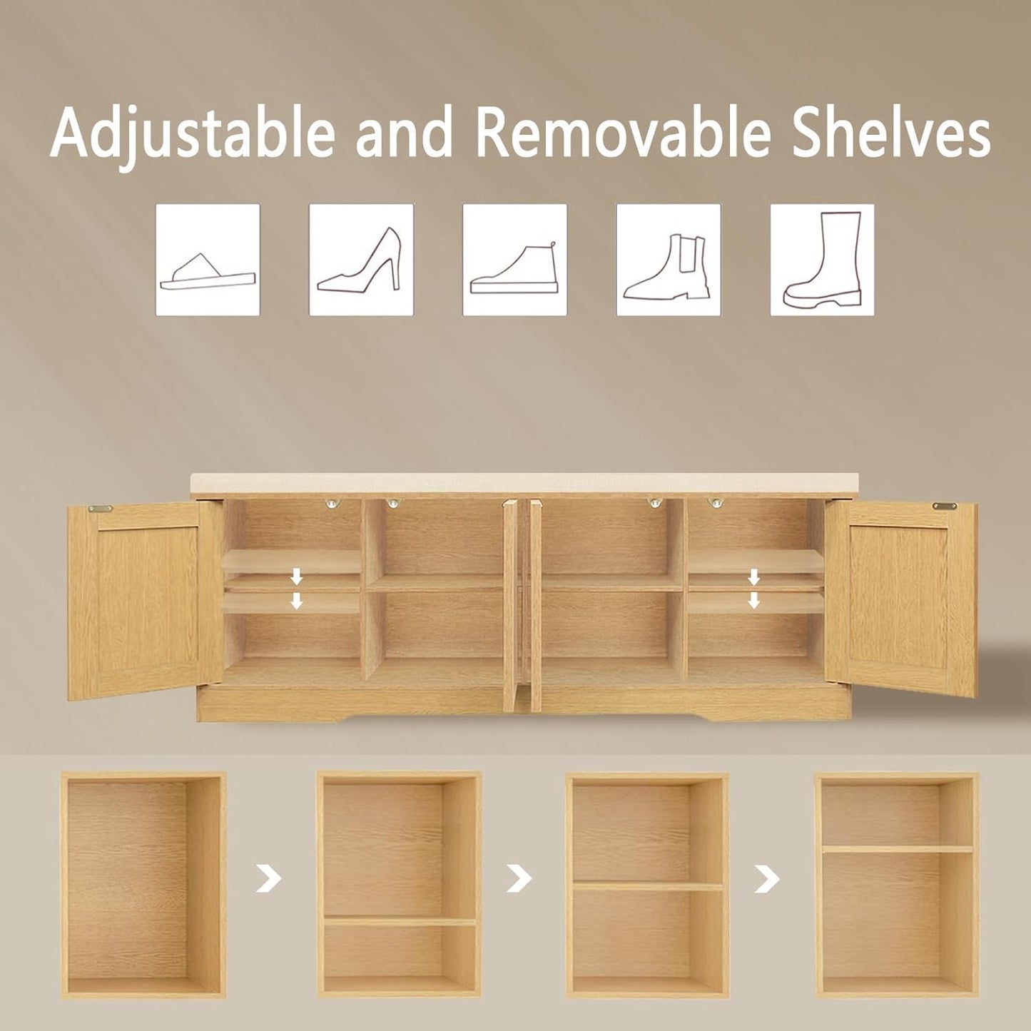 DINZI LVJ Shoe Bench, Entryway Storage Bench with Doors, Cushion, 2-Tier Shoe Rack with 8-Cubby, 47.2”L x 13.8”W Shoe Organizer Cabinet, Adjustable Shelf, Living Room, Bedroom, Natural with Rattan