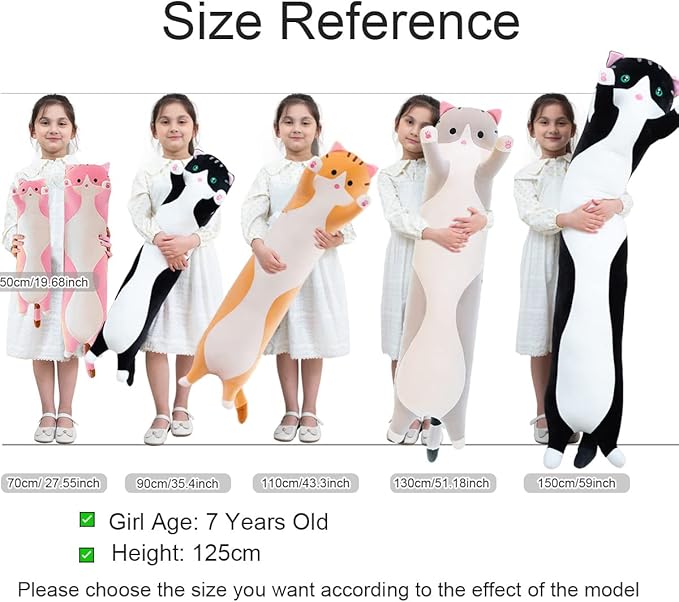 Giant Cat Pillow Plush Cartoon Kitty Sleeping Hugging Pillow, Cuddly Soft Long Kitten Body Pillow Doll Cat Cushion Toy for Kids Girlfriend (Gray, 90cm/35.4inch)