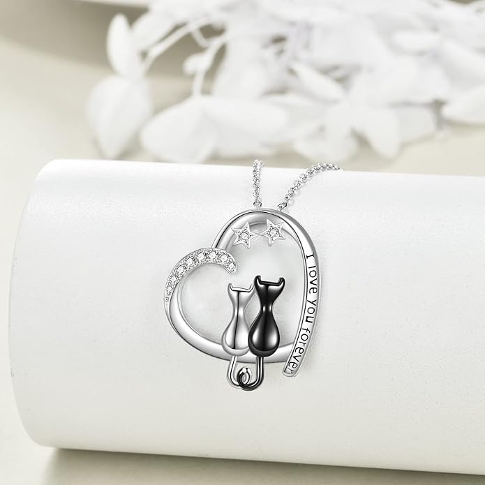 925 Sterling Silver Moon Black Cat Necklace for Women - Tree of Life Jewelry with Abalone Stone - Cat Lover Birthday Gift
