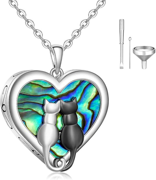 Cat Necklace for Women Ashes Cremation Cat Urn Necklaces for Women Abalone Shell Sterling Silver Paw Print Black Cats Yin Yang Memorial Keepsake Gifts