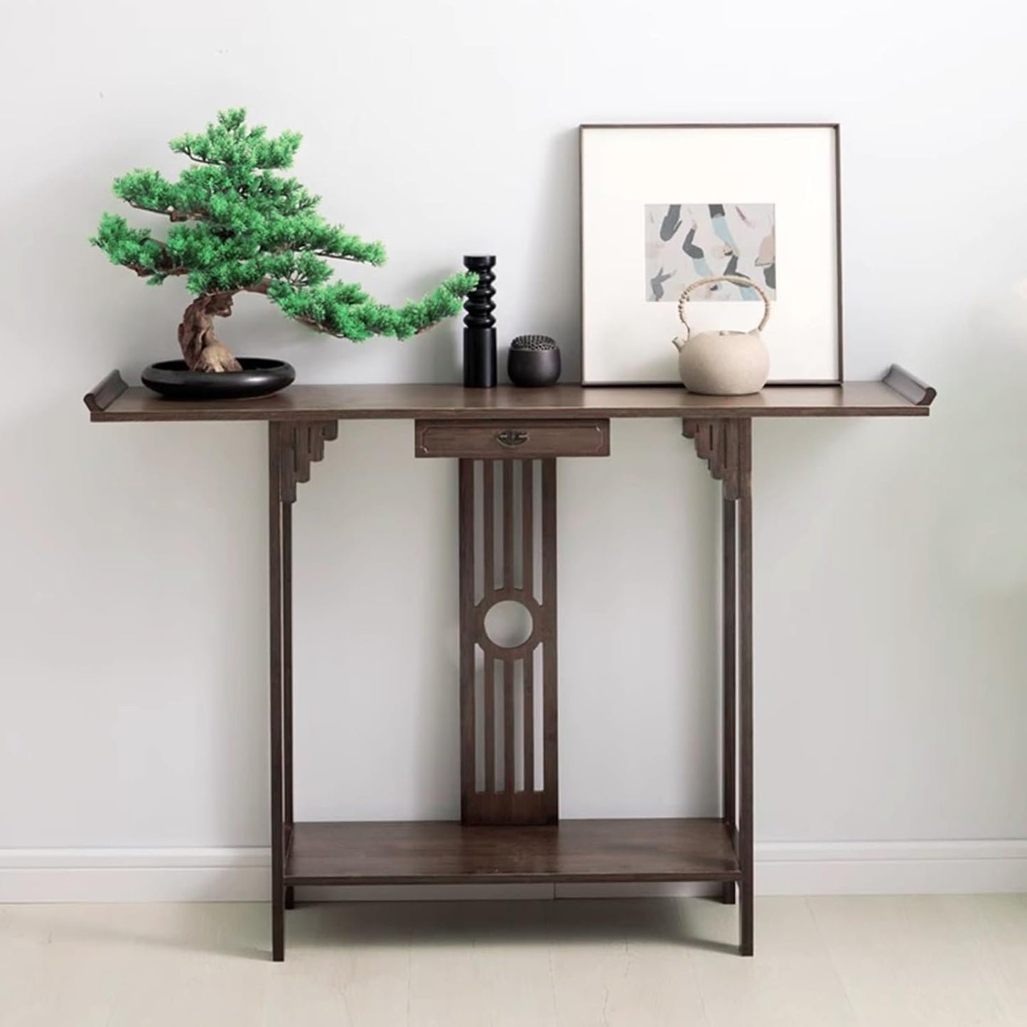 Console Table with Storage Shelves, 2 Tiers L 40.1” Narrow Sofa Table with Drawers, Bamboo Entryway Table for Small Spaces, Living Room Hallway Foyer Corridor Wood Entry Table