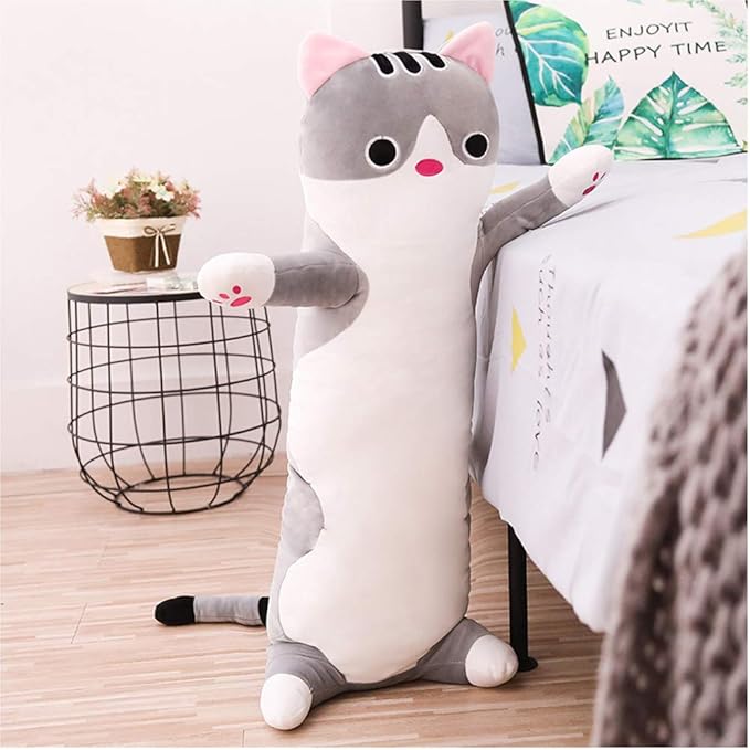 Long Cat Plush Pillow, Cat Stuffed Animals Body Pillow Cute Kitten Plush Hugging Pillow Toy Gifts for Kids (Gray, 19.68 inch)