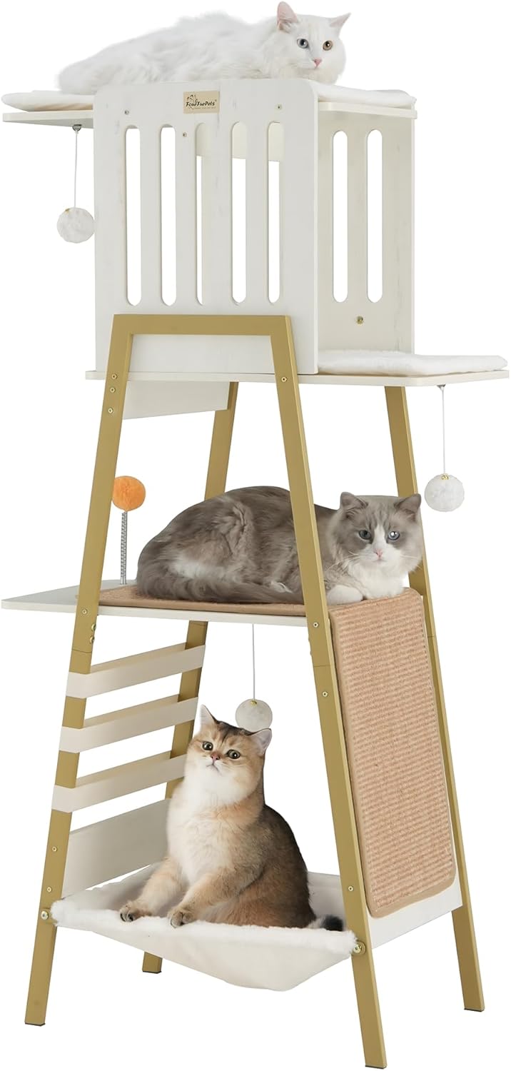 FourFurPets Modern Cat Tree, 58-Inch Cat Tower for Large Cats, Maine Coon Cat Tree with Scratching Board, Large Perch, Hammock and Removable Pads, White