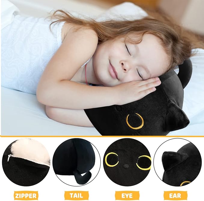 Soft Black Cat Plush Toy Pillow - Stuffed Animal for Kids, Boys & Girls Gifts