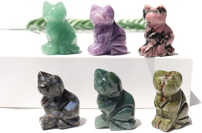 Gemstone Cat Stone 1PC, 1.5 Inches Hand Carved Crystal Cat Animal Figurine Natural Healing Crystal Sitting Cat Lucky Kitten Statues for Home Decor, Gift