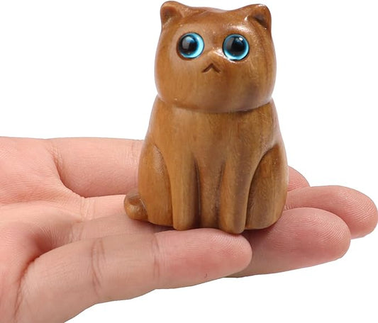 Cat Wooden Figurine,Handmade Wood Figurine Carved Cat Sculpture Home Decor Miniature pet Art Garden Statue Collectible,Desk Lovely Gift Home Decor Figurine Table Decoration Living Room Decoration