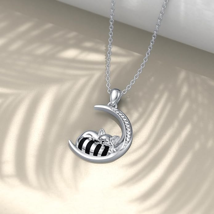 Diamond Black Cat/Red Panda/Sloth/Deer/Unicorn Necklace for Women 925 Sterling Silver Sleeping Animal and Moon Pendant with Lab Grown Diamonds Jewelry Gifts
