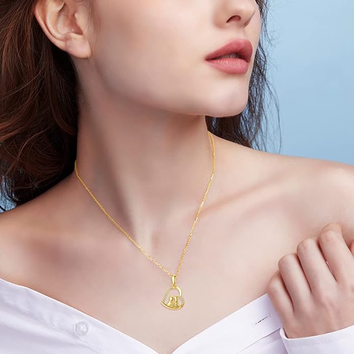 Cat Necklace for Women 14K Solid Gold Cat Lover Gift Eternal Love Heart Necklace for Wife and Mom