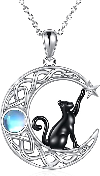 Celtic Moon Black Cat Necklace for Women - Abalone Tree of Life Sterling Silver Cat Lovers Jewelry
