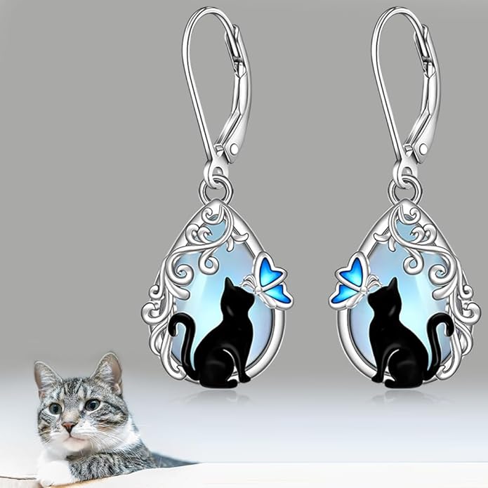 Cat Earrings Moonstone Black Cat Earrings for Women Sterling Silver Cute Filigree Cats Butterfly Dangle Drop Earring Jewelry Leverback Halloween Christmas Gifts