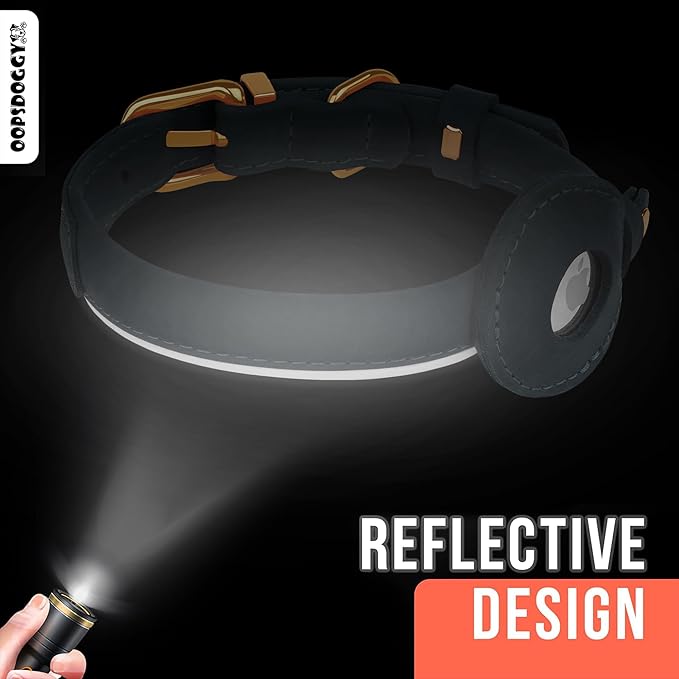 OOPSDOGGY Rolled Leather Dog Collar with Airtag Holder - Reflective Round Airtag Dog Collar - Soft Tracking Pet Collar for Small Dogs Puppy Cats Kitten (Black, L, 14"-18")